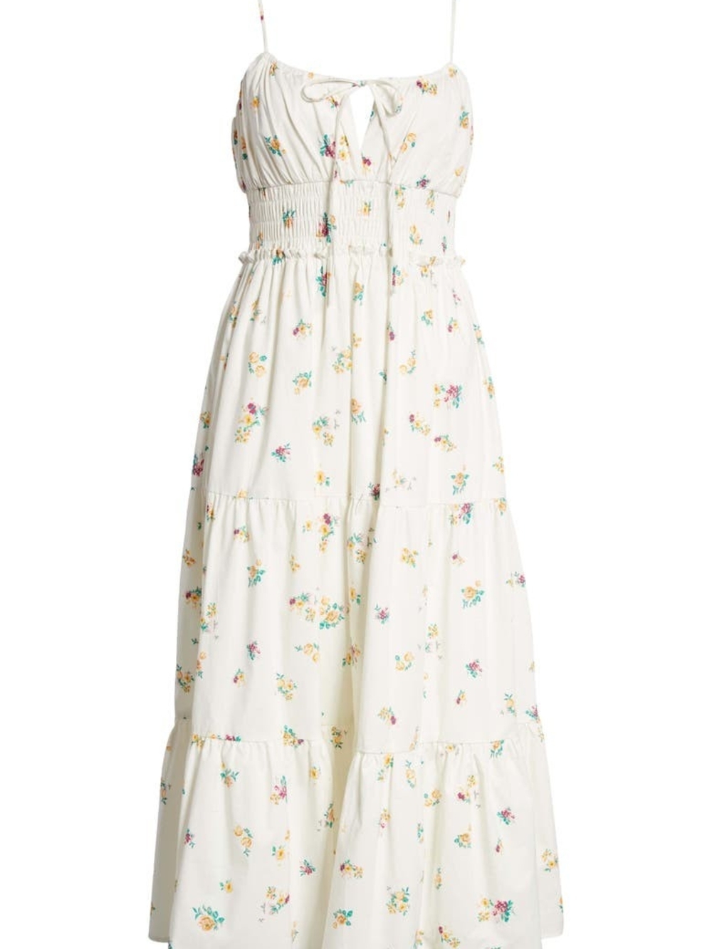 Wayf White Smocked Floral Tiered Midi Sun Dress with Tie Front - L